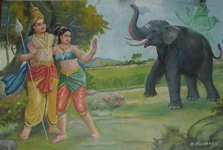 Тогда, Муруган призвал на помощь своего брата, Винайака проявился как устрашающий слон позади Валли.