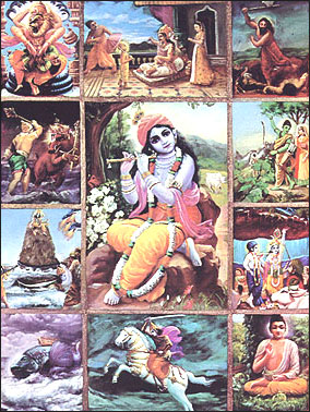 В Бхагавата-пуране называются 24 аватары, из них наиболее популярны 10: в виде рыбы, черепахи, вепря, человеко-льва, карлика, Парашурамы (легендарного брахмана-воителя), Рамы, Кришны, Будды и Калки.